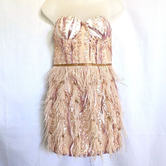 Bella Barnett Lalia Small Pink Sequin Feathers Mini Prom Party Dress Valentine's - Picture 2 of 16